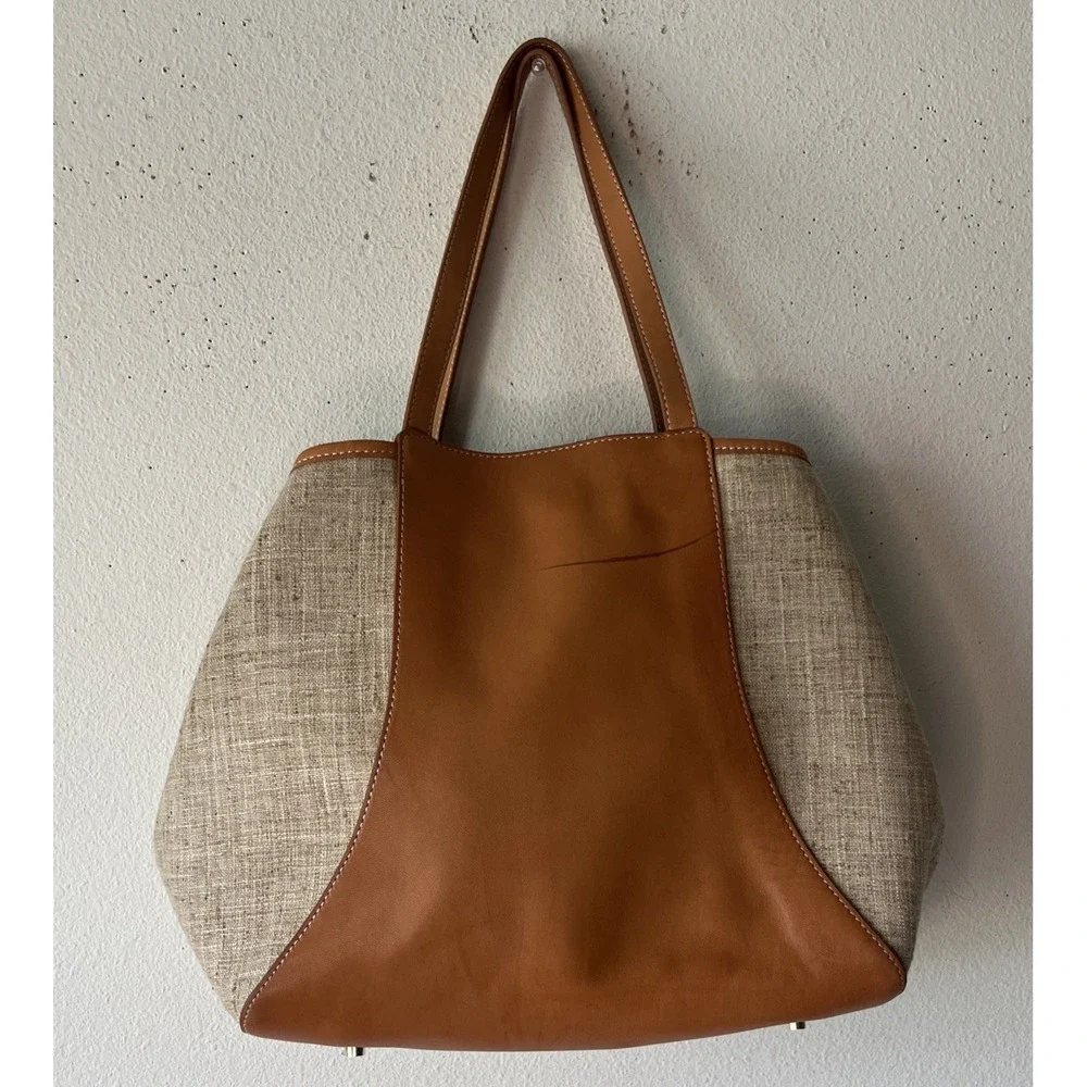 J. McLaughlin Tan Leather and Beige Canvas Hobo Bag